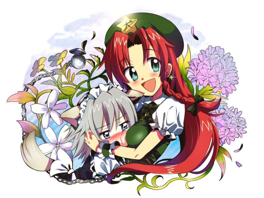 animal_ears beret blue_eyes blush bow braid breasts chain chains chibi dog_ears dog_tail earrings expressive_clothes flower green_eyes hair_bow hat highres hong_meiling hug inu_sakuya izayoi_sakuya jewelry long_hair maid maid_headdress multiple_girls open_mouth petals pocket_watch red_hair redhead short_hair silver_hair skirt smile star stopwatch tail torisuke_(koinohito) touhou twin_braids watch wolf_ears wolf_tail wrist_cuffs