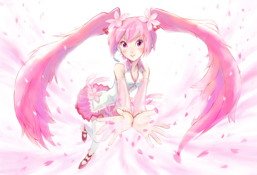 absurdres alternate_color alternate_hair_color cherry cherry_blossoms detached_sleeves flower food fruit hair_flower hair_ornament hatsune_miku headset highres long_hair looking_at_viewer object_namesake pink_eyes pink_hair sakura_miku shirokichi skirt smile solo thigh-highs thighhighs twintails very_long_hair vocaloid white_background white_legwear zettai_ryouiki