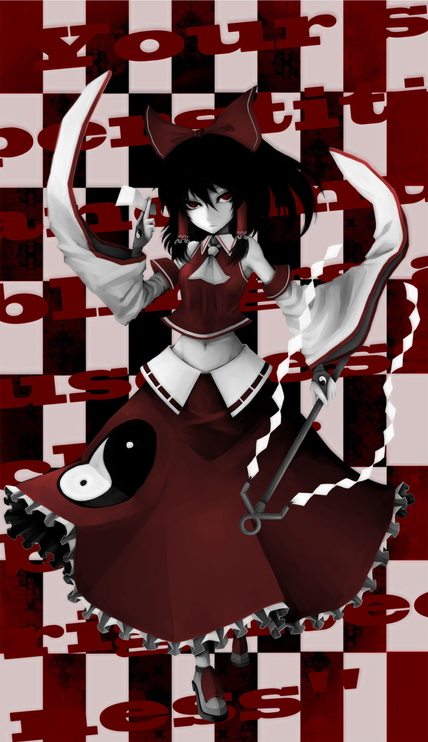 absurdres adapted_costume am24 black_hair bow checkered checkered_background detached_sleeves expressionless fingerless_gloves gloves gohei hair_bow hair_tubes hakurei_reimu highres japanese_clothes miko navel ofuda pale_skin red_eyes solo touhou white_skin wide_sleeves