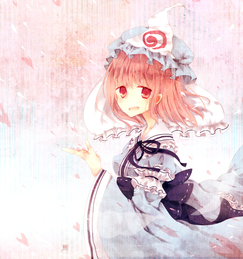 1girl breasts cherry_blossoms ghost hat highres hitodama japanese_clothes kinona obi open_mouth petals pink_hair red_eyes ribbon saigyouji_yuyuko smile solo touhou triangular_headpiece