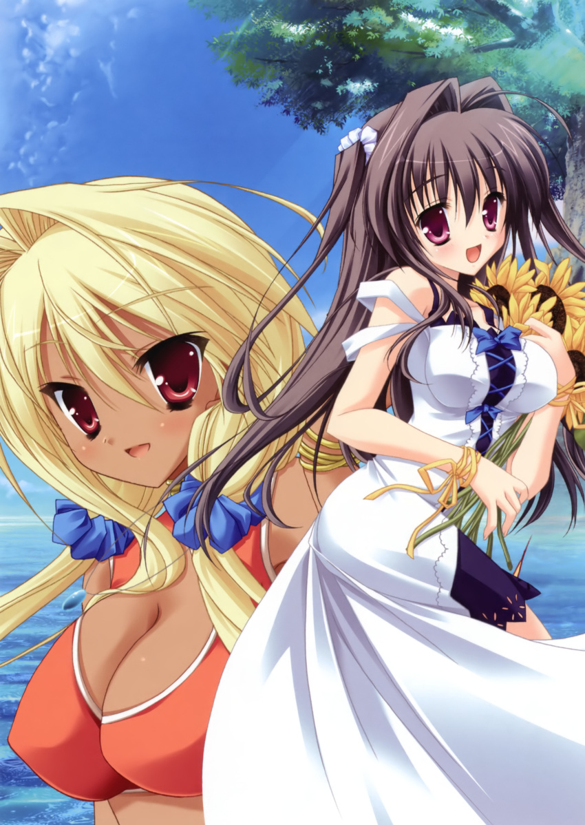 :d absurdres ahoge arm_up artist_request bangs bare_shoulders black_hair blonde_hair blush bouquet bow bracelet breasts brown_hair bust character_request cleavage cleavage_cutout cloud crop_top dark_skin dress flower hair_between_eyes hair_intakes highres impossible_clothes impossible_dress jewelry kaya_(natsu_yume_nagisa) kozakura_ryo kozakura_ryou lace large_breasts long_hair looking_at_viewer looking_back midriff multiple_girls nanase_ayumu natsu_yume_nagisa natsu_yume_nagisa_~nostalgie~ ocean official_art open_mouth outdoors payot profile purple_eyes red_eyes ribbon scan scrunchie sky smile standing strap_slip summer_dress sundress sunflower tree twintails two_side_up water wrist_ribbon