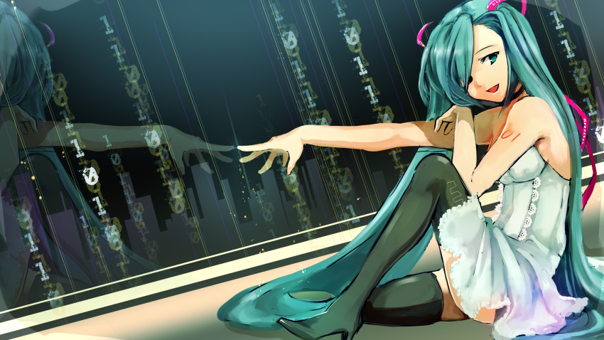 aqua_eyes aqua_hair aquasnow bad_id bare_shoulders binary boots dress dutch_angle hair_over_one_eye hatsune_miku highres long_hair looking_at_viewer open_mouth reflection sitting smile solo thigh-highs thigh_boots thighhighs twintails very_long_hair vocaloid white_dress zettai_ryouiki