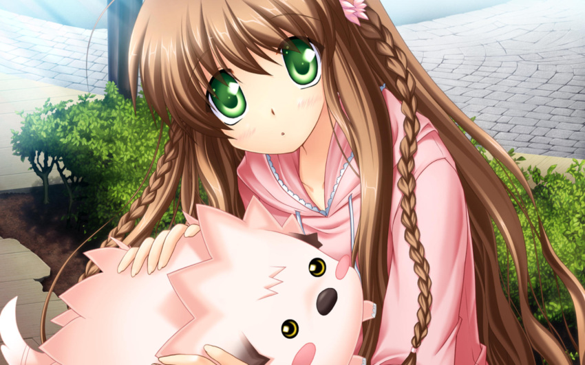 animal braids brown_hair chibimosu game_cg green_eyes hinoue_itaru kanbe_kotori long_hair rewrite