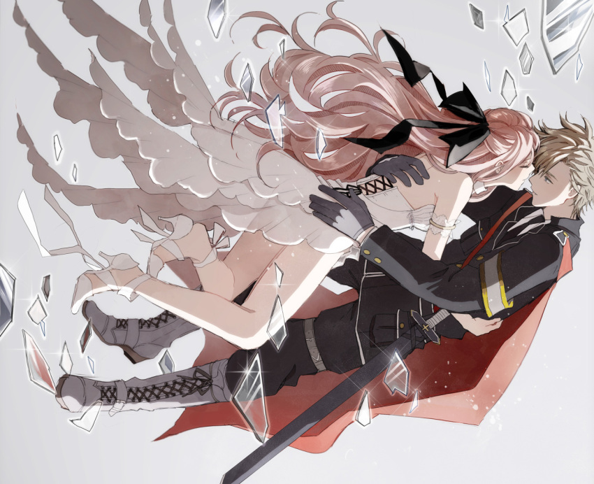 1girl armlet bare_shoulders blonde_hair broken_glass cape closed_eyes couple dress eyes_closed face-to-face glass gloves hair_bow high_heels hug incipient_kiss k-xaby knight lace-up_boots long_hair male original pink_hair shoes simple_background sparkle sword white_dress