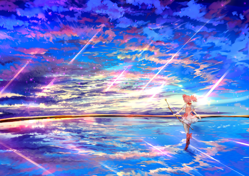 1girl bow bow_(weapon) choker cloud clouds dress flower frills from_behind gloves hair_bow highres kaname_madoka landscape light_particles magical_girl mahou_shoujo_madoka_magica pink_dress pink_hair puffy_sleeves red_shoes reflection ribbon_choker ripples scenery shoes short_hair short_sleeves short_twintails sky socks solo standing_on_one_leg standing_on_water twintails ume_(plumblossom) water weapon white_gloves white_legwear