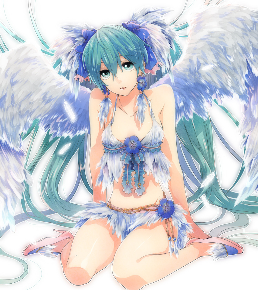 angel_wings bare_shoulders bow earrings feathers flower hair_bow hatsune_miku highres irono_yoita jewelry legs long_hair looking_at_viewer midriff shoes simple_background sitting solo twintails very_long_hair vocaloid wings