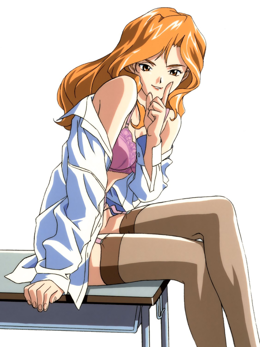 artist_request bra brown_eyes character_request crossed_legs desk garter_straps grin highres legs_crossed lingerie long_hair long_sleeves lyceen off_shoulder open_clothes open_shirt orange_hair simple_background sitting smile solo thigh-highs thighhighs underwear white_background zenkoku_seifuku_bishoujo_grand_prix