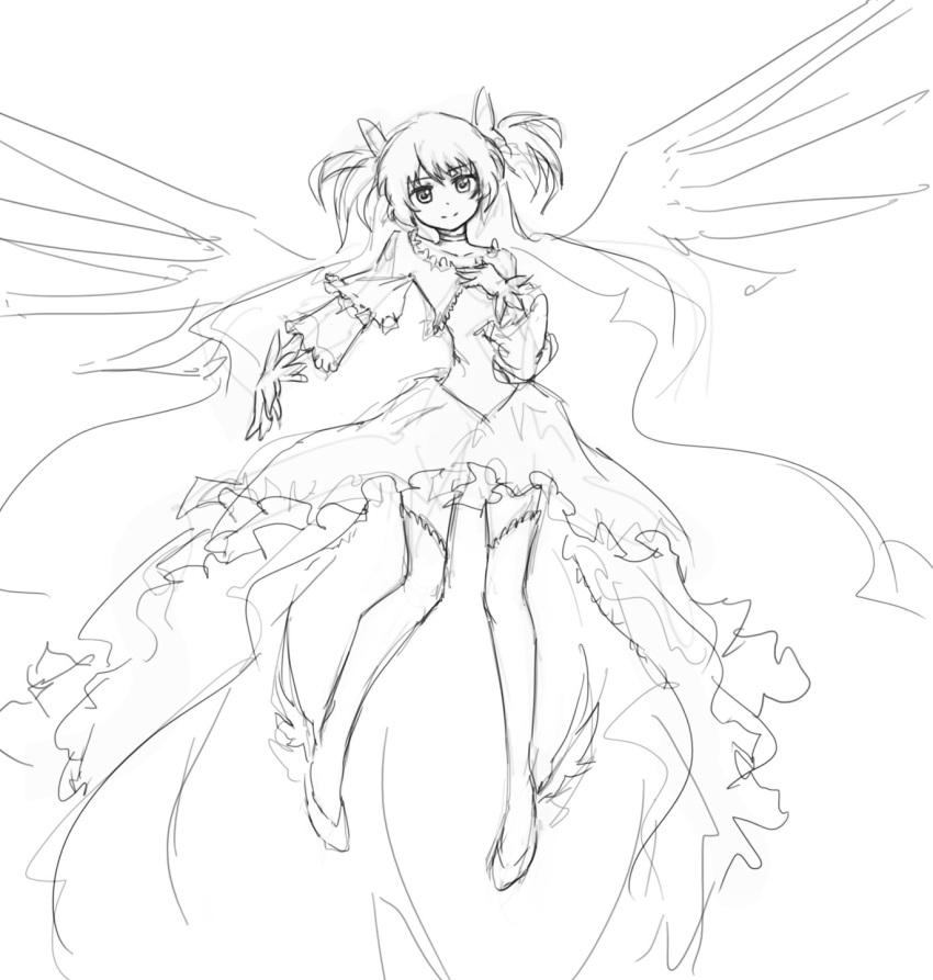 ankle_wings frills goddess_madoka highres kaname_madoka lineart magical_girl mahou_shoujo_madoka_magica monochrome pas_(paxiti) short_twintails sketch smile solo thigh-highs thighhighs twintails ultimate_madoka wings work_in_progress