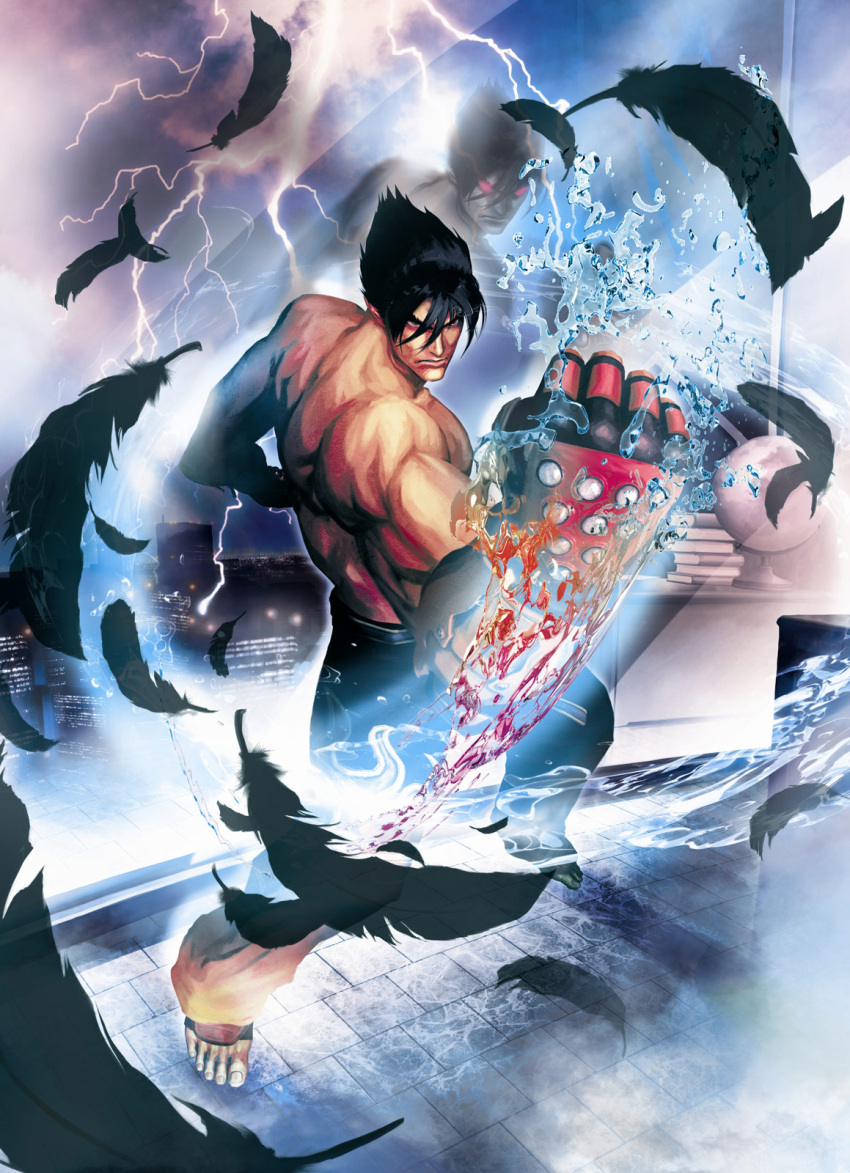 bangs barefoot black_hair capcom feathers fingerless_gloves fringe gloves highres kazama_jin male muscle namco official_art punching shirtless solo street_fighter_x_tekken tekken toeless_legwear topless