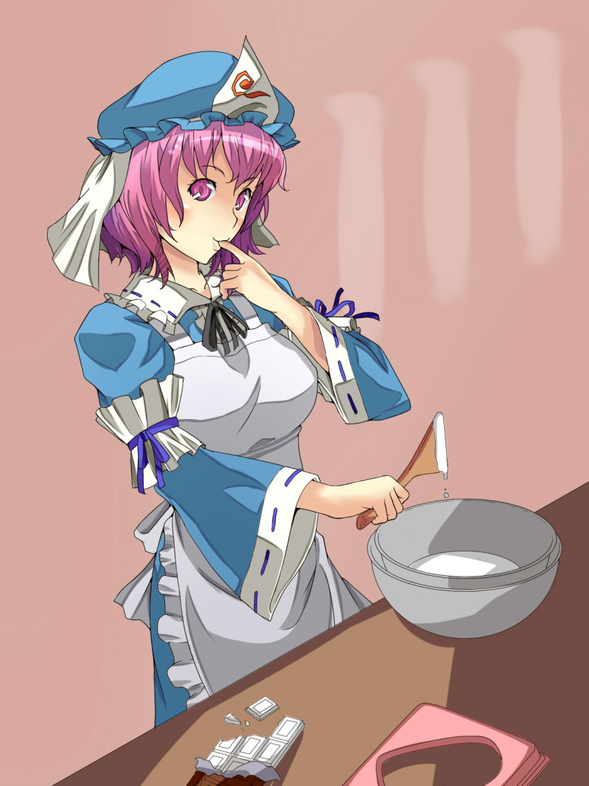 apron breasts chocolate chocolate_bar chocolate_making cup finger_in_mouth hat highres japanese_clothes pink_eyes pink_hair saigyouji_yuyuko short_hair solo spatula touhou triangular_headpiece white_chocolate yet_you