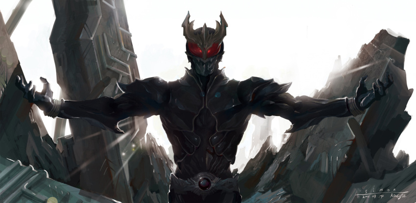 horns kamen_rider kamen_rider_kuuga kamen_rider_kuuga_(series) outstretched_arms red_eyes simon_(sinom0909) spread_arms