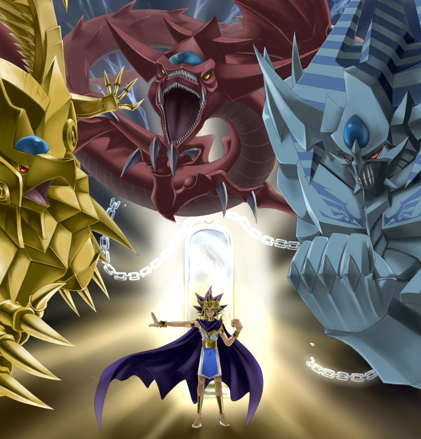 1boy absurdres atem chain chains dragon fangs fist highres hyoumu92 male millennium_puzzle multicolored_hair obelisk_the_tormentor open_mouth slifer_the_sky_dragon teeth the_winged_dragon_of_ra winged_dragon_of_ra yu-gi-oh! yuu-gi-ou yuu-gi-ou_duel_monsters