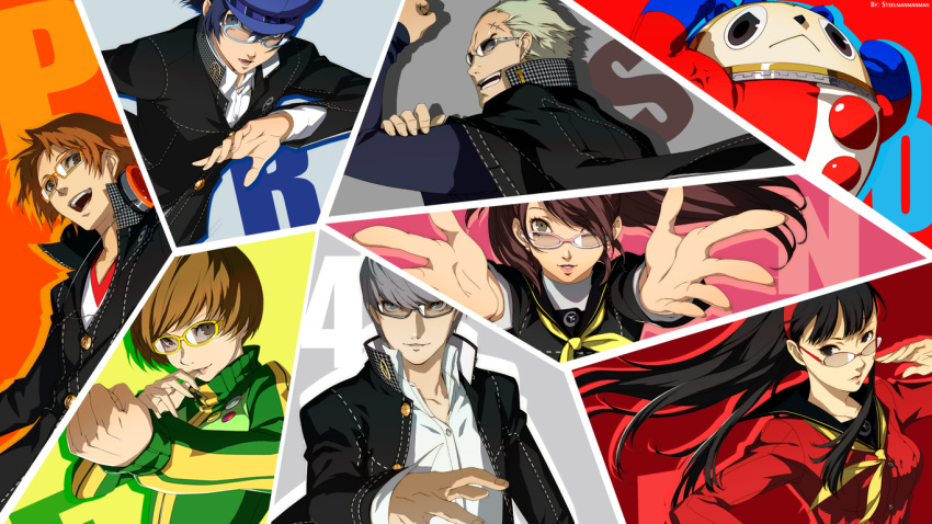 4girls all-out_attack amagi_yukiko black_eyes black_hair blonde_hair blue_hair brown_eyes brown_hair cardigan glasses grey_eyes grey_hair hanamura_yousuke headphones jacket kujikawa_rise kuma_(persona_4) multiple_boys multiple_girls narukami_yuu official_art orange_hair persona persona_4 persona_4_the_golden pink_hair satonaka_chie scar shirogane_naoto smile soejima_shigenori tatsumi_kanji track_jacket