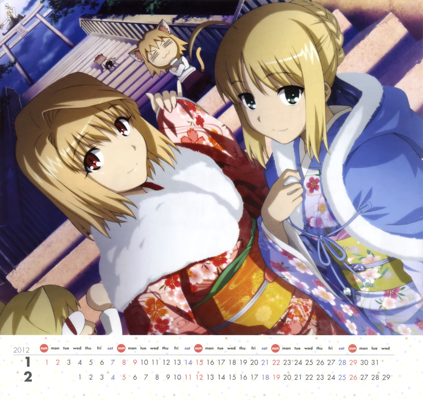 2012 2girls absurdres ahoge animal_ears arcueid_brunestud blonde_hair braid calendar carnival_phantasm dutch_angle fate/stay_night fate_(series) february french_braid fur_collar fur_trim gilgamesh green_eyes highres january japanese_clothes kimono morita_kazuaki multiple_girls neko_arc nekoarc nekoarc_babbles nekoarc_bubbles nekoarc_destiny obi official_art red_eyes saber stairs tail temple_gate tsukihime type-moon