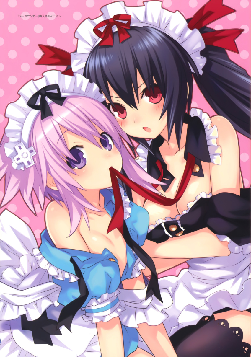 absurdres apron bare_shoulders black_hair black_legwear blush breast_hold breasts choujigen_game_neptune cleavage hair_ornament highres long_hair looking_at_viewer maid_headdress mouth_hold multiple_girls neptune_(choujigen_game_neptune) noire off_shoulder official_art open_clothes open_mouth polka_dot polka_dot_background purple_eyes purple_hair red_eyes ribbon_in_mouth short_hair thigh-highs thighhighs tsunako twintails violet_eyes