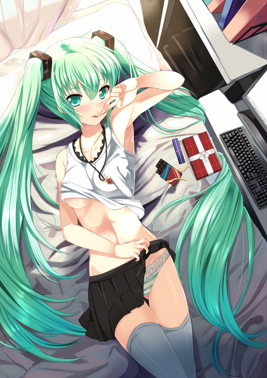 aqua_eyes aqua_hair bed black_legwear blush breasts chocolate computer_keyboard finger_to_mouth gift hatsune_miku highres jewelry long_hair looking_at_viewer lying midriff navel necklace no_bra on_back on_bed panties pillow pleated_skirt ribbon shirt_lift skirt skirt_lift solo striped striped_panties tank_top thigh-highs thighhighs tongue tongue_out twintails under_boob underboob underwear valentine vocaloid xephonia