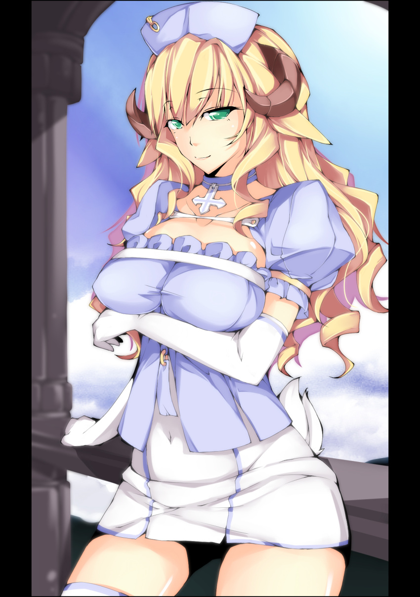 absurdres blonde_hair breast_hold breasts choker cross curly_hair dean elbow_gloves gloves green_eyes highres horns looking_at_viewer original pillar pillarboxed puffy_sleeves skirt smile solo tail thigh-highs thighhighs white_gloves white_legwear zettai_ryouiki