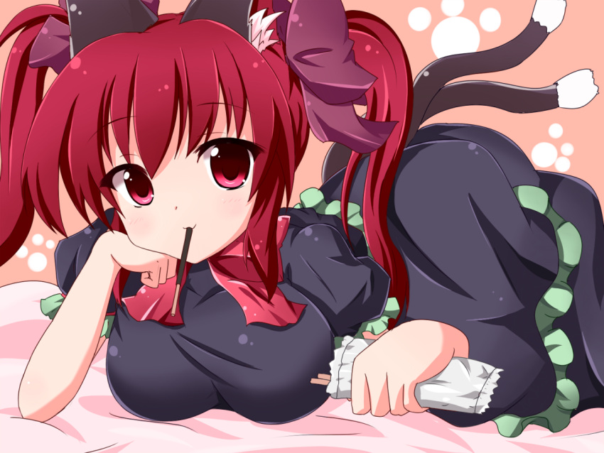 alternate_hairstyle animal_ears bad_id breasts cat_ears cat_tail eating food_in_mouth kaenbyou_rin kuromari_(runia) large_breasts lying mouth_hold multiple_eyes on_stomach pocky red_eyes red_hair redhead solo tail touhou twintails