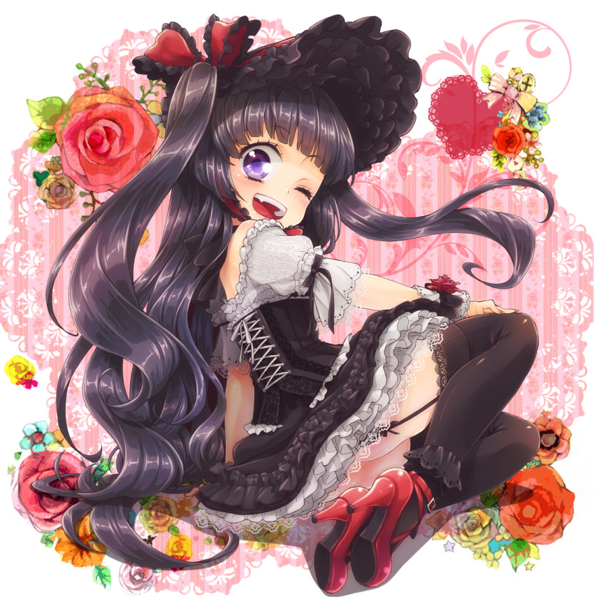 ;d arm_support black_hair black_legwear blush bonnet dress flower frills garter_straps gothic_lolita hat high_heels highres lace lace-trimmed_thighhighs lolita_fashion long_hair open_mouth original purple_eyes shoes smile solo thigh-highs thighhighs twintails two_side_up usaki very_long_hair violet_eyes wink wrist_cuffs