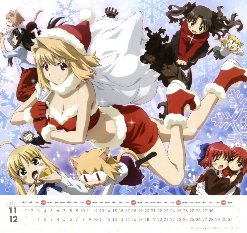 6+girls absurdres ahoge animal_ears arcueid_brunestud berserker black_hair blush_stickers boots breasts calendar carnival_phantasm christmas cleavage december eating fate/stay_night fate_(series) fur_trim hat highres hisui kohaku maid maid_headdress miniskirt morita_kazuaki multiple_girls neko_arc neko_chaos nekoarc nekoarc_babbles nekoarc_bubbles nekoarc_chaos nekoarc_destiny nekomimi november official_art red_eyes rice saber sack santa_costume santa_hat siblings sisters skirt sweater tail tohno_akiha tohsaka_rin toono_akiha toosaka_rin tsukihime twins twintails two_side_up young