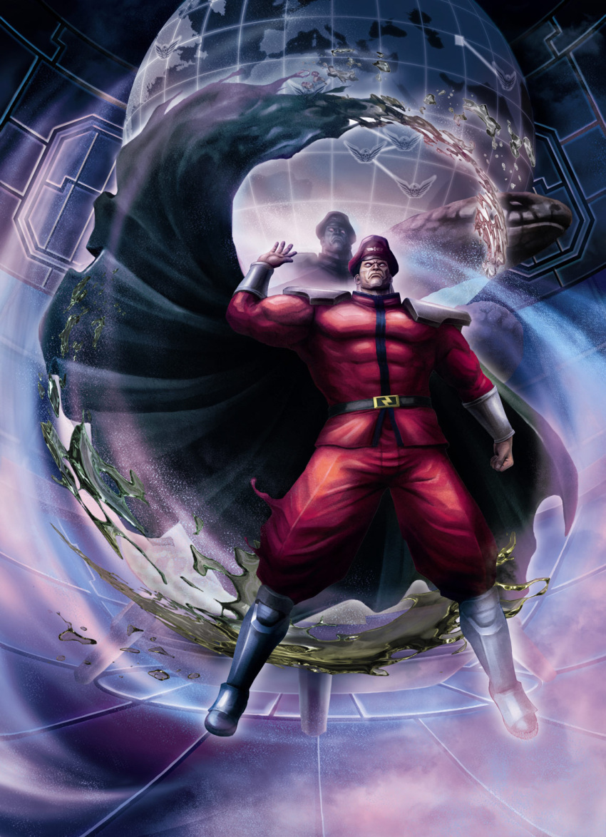 abs abstract armor boots capcom cape dual_persona globe greaves hat highres male muscle no_pupils official_art pauldrons peaked_cap pectorals snake solo street_fighter street_fighter_x_tekken uniform vambraces vega