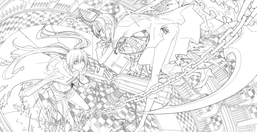 arm_cannon black_rock_shooter black_rock_shooter_(character) chain chains checkered checkered_floor dead_master enseisong high_heels hoodie horns jacket lineart long_hair midriff monochrome multiple_girls scar scythe shoes shorts star twintails weapon wings