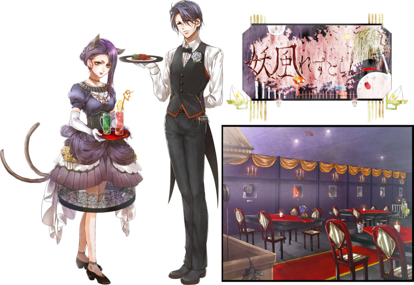 aya_(aibou1725) beverage black_hair cat_ears cat_tail chair elbow_gloves formal glasses gloves hoop_skirt multiple_tails original purple_hair red_hair redhead restaurant suit tail tray