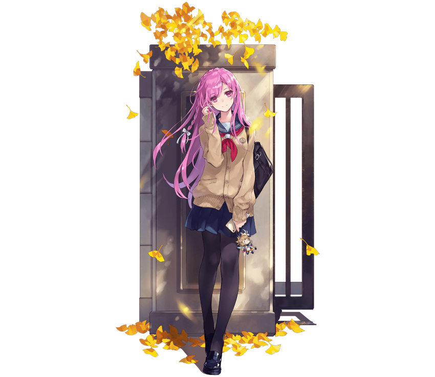 1girl bag black_footwear black_pantyhose braid brown_cardigan cardigan cellphone charm_(object) closed_mouth da-kuro full_body ginkgo_tree hair_ribbon head_tilt highres holding holding_phone long_hair neck_ribbon official_alternate_costume official_art pantyhose phantom_of_the_kill phone pink_eyes pink_hair pleated_skirt red_ribbon ribbon school_uniform serafuku simple_background skirt smartphone smile solo standing transparent_background tyrfing_(phantom_of_the_kill)