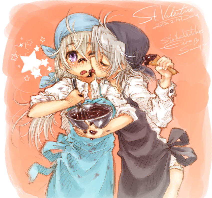 apron blue_eyes blush bowl character_name cheek_licking chocolate chocolate_making closed_eyes dated eila_ilmatar_juutilainen eyes_closed face_licking head_scarf licking licking_cheek long_hair messy monochrome multiple_girls ryou_(shirotsumesou) sanya_v_litvyak short_hair silver_hair sleeves_rolled_up spatula star strike_witches title_drop tongue valentine wink yuri