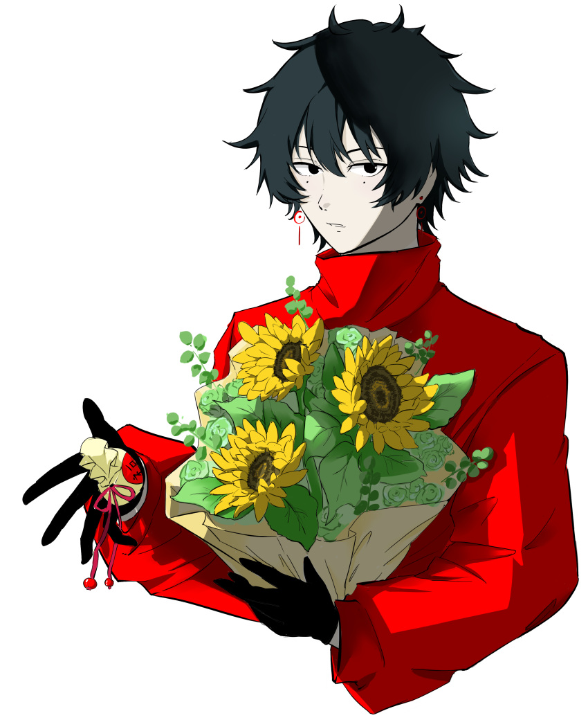 absurdres bag black_eyes black_gloves black_hair black_pants bouquet chinese_commentary commentary_request cropped_torso earrings flower gloves hair_between_eyes high_collar highres holding holding_bag holding_bouquet jewelry li_yuting_(male) long_sleeves male_focus mole mole_under_each_eye mole_under_eye multiple_moles pants parted_lips red_shirt shirt short_hair simple_background sunflower touqi_guaitan white_background zhongxiao77106