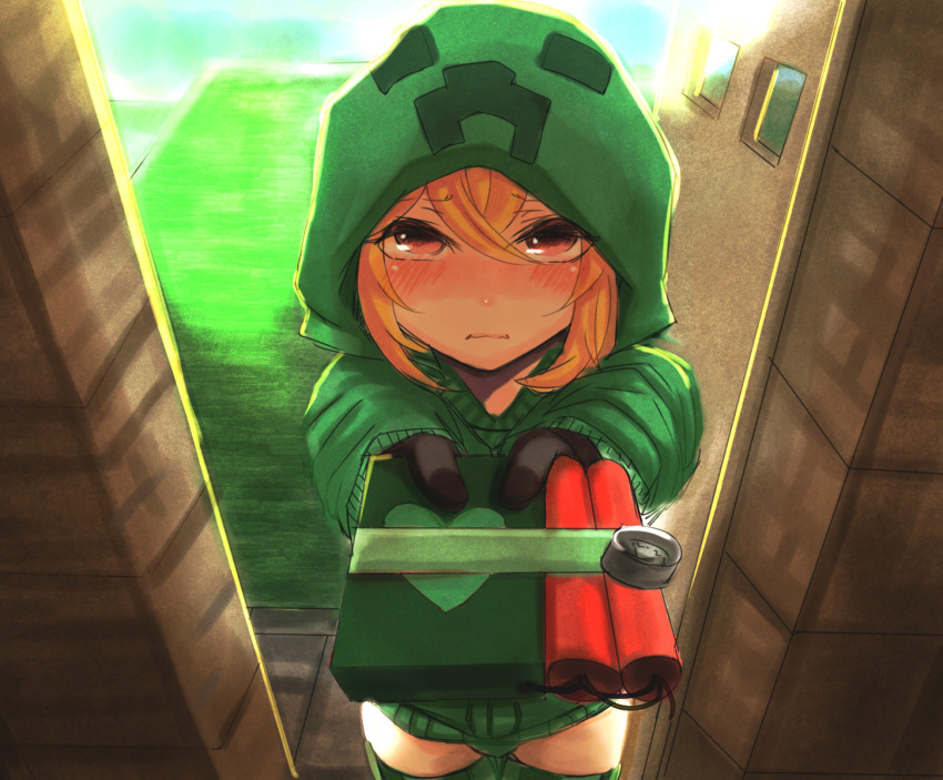 at2. blonde_hair blush bomb creeparka creeper dynamite gift gloves heart highres hoodie incoming_gift looking_at_viewer minecraft parka personification pov red_eyes short_hair solo thighhighs valentine