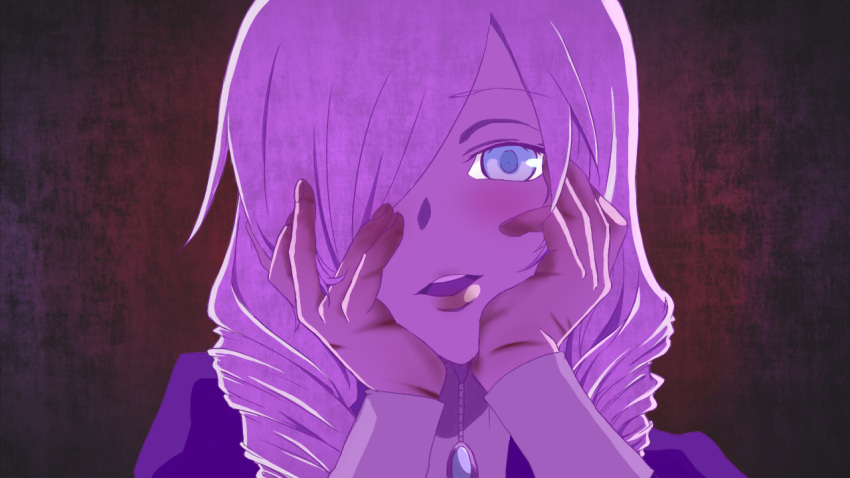 1girl blood bloody_hands brooch daniella demento drill_hair hair_over_one_eye hands_on_own_cheeks hands_on_own_face lips maid open_mouth parody portrait purple purple_hair solo twin_drills violet_eyes wrist_cuffs yandere_trance
