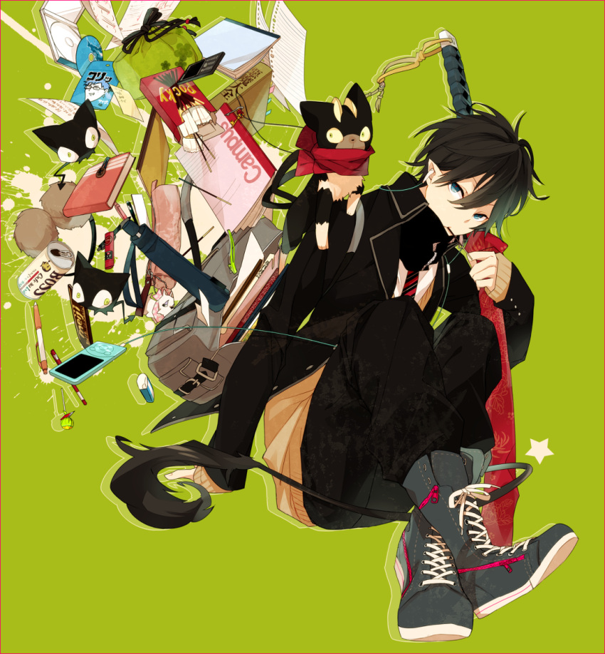 bag black_hair blue_eyes book boots can candy cat cd cellphone chocolate digital_media_player disc dog earphones eraser food green_eyes highres ipod kuro_(ao_no_exorcist) lollipop male mephisto_pheles mp3 okumura_rin okumura_yukio pen pencil phone pocky pointy_ears ruler school_uniform short_hair sword tail weapon zakka_(d-o-t)