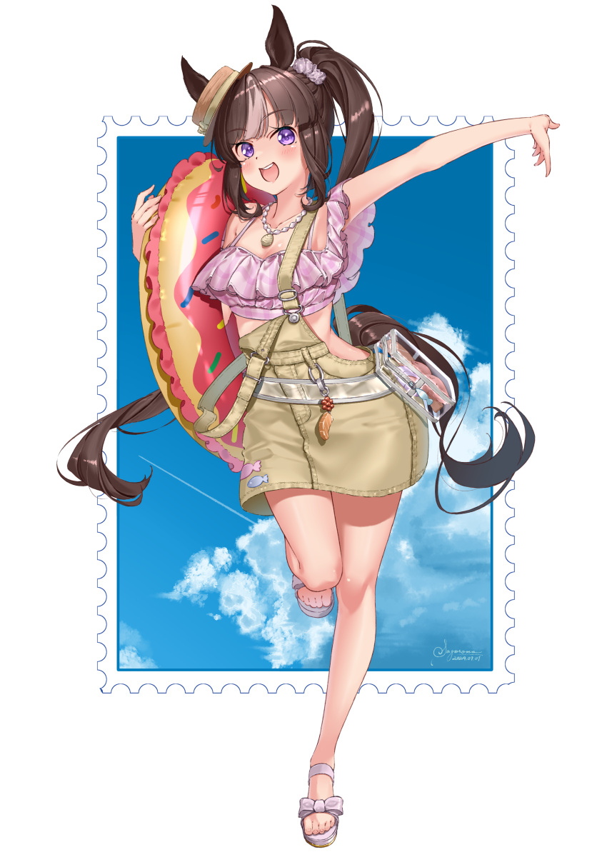 absurdres alternate_costume alternate_hairstyle animal_ears artist_name black_hair breasts commentary_request dated full_body highres hokko_tarumae_(pastel_marine_locadol)_(umamusume) hokko_tarumae_(umamusume) innertube jewelry leg_up long_hair looking_at_viewer medium_breasts necklace official_alternate_costume official_alternate_hairstyle open_mouth sagoromo_04 sandals side_ponytail sky standing standing_on_one_leg swim_ring teeth umamusume upper_teeth_only violet_eyes