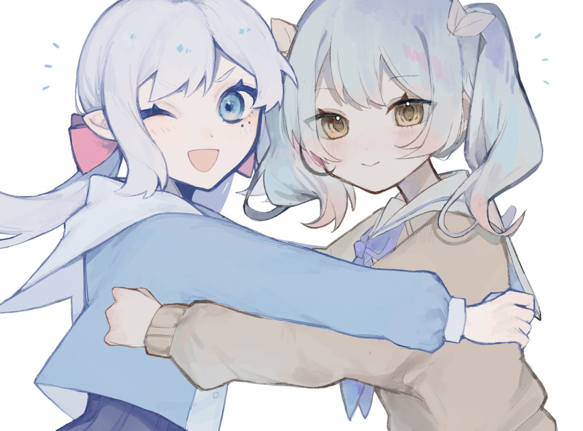 2girls :d blue_eyes blue_skirt blush bow brown_eyes brown_sweater closed_mouth colored_tips commentary_request double-parted_bangs grey_hair hair_between_eyes hair_bow hair_ornament hand_on_another's_back highres hug leaf_hair_ornament long_hair long_sleeves looking_at_viewer low_twintails medium_hair multicolored_hair multiple_girls neckerchief notice_lines one_eye_closed open_mouth original puffy_long_sleeves puffy_sleeves purple_neckerchief red_bow sailor_collar school_uniform sippudayo skirt smile sweater twintails upper_body white_sailor_collar