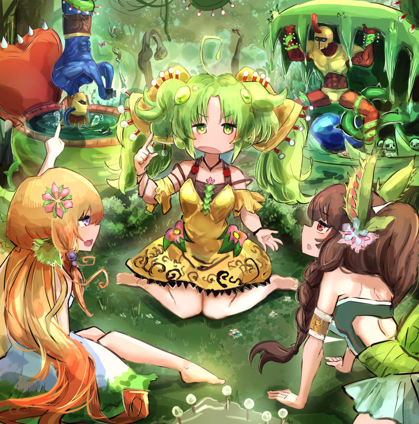 2boys 3girls ahoge blonde_hair blue_eyes brown_hair dress duel_monster green_eyes green_hair hatano_kiyoshi highres jungle m-warrior_1 m-warrior_2 multiple_boys multiple_girls nature pointing pointing_at_another red_eyes sitting talking traptrix_dionaea traptrix_nepenthes traptrix_sera twintails yellow_dress yu-gi-oh!