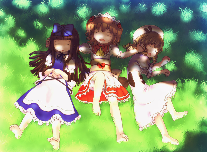 ascot barefoot blonde_hair bloomers bow brown_hair chestnut_mouth child closed_eyes dress drill_hair eyes_closed fang feet full_body grass hair_bow hair_ornament hat long_hair luna_child lying monosenbei multiple_girls no_wings obi on_back on_side open_mouth ribbon shade short_hair sleeping star_sapphire sunny_milk sweatdrop touhou twintails winwinmater