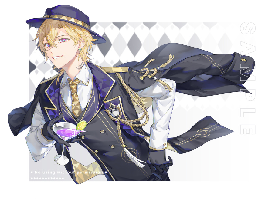 1boy anchun_(quail0503) aventurine_(honkai:_star_rail) aventurine_(stoneheart's_oath_ring)_(honkai:_star_rail) black_gloves black_hat blonde_hair border buttons cup curtained_hair drink earrings food fruit gloves grin hat highres holding holding_cup holding_drink honkai:_star_rail honkai_(series) jewelry lemon lemon_slice long_sleeves male_focus multicolored_eyes neck_tattoo necktie official_alternate_costume outside_border sample_watermark shirt short_hair sleeve_cuffs smile solo stud_earrings suit tassel tattoo upper_body vest violet_eyes waistcoat watermark white_border white_shirt yellow_necktie