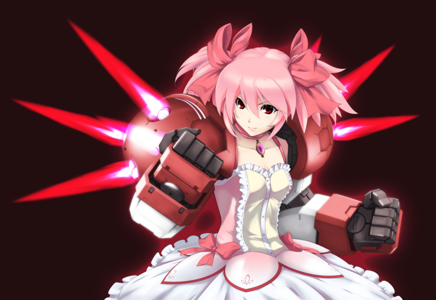 aura bow brown_background bubble_skirt choker clenched_hands collarbone dress fighting_stance fist fusion gundam gundam_age gundam_age-1_titus hair_bobbles hair_bow hair_ornament kaname_madoka magical_girl mahou_shoujo_madoka_magica mecha mecha_musume mechanical_arms nagi-kaze pink_hair red_eyes short_twintails simple_background solo twintails