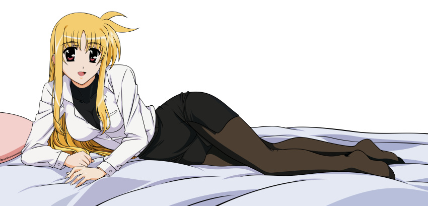 absurdres bed blonde_hair breasts cleavage dress_shirt fate_testarossa female highres incredibly_absurdres long_hair lying lyrical_nanoha mahou_shoujo_lyrical_nanoha mahou_shoujo_lyrical_nanoha_strikers okuda_yasuhiro open_mouth pantyhose panythose pillow red_eyes shirt skirt smile solo transparent_background transparent_png vector_trace