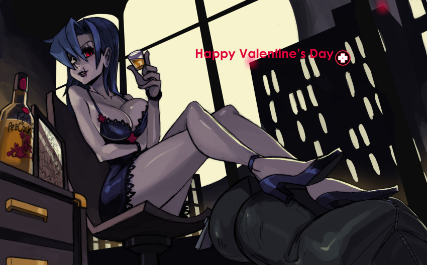 alcohol alex_ahad bare_shoulders blue_hair body_bag bodybag breasts chair cleavage collarbone crossed_legs desk happy_valentine high_heels highres lace large_breasts legs legs_crossed lingerie lipstick long_hair makeup mechanical_arms nurse nurse_cap official_art peacock_(skullgirls) red_eyes scar shoes sitting skullgirls smile solo symbol-shaped_pupils thighs valentine valentine_(skullgirls) window