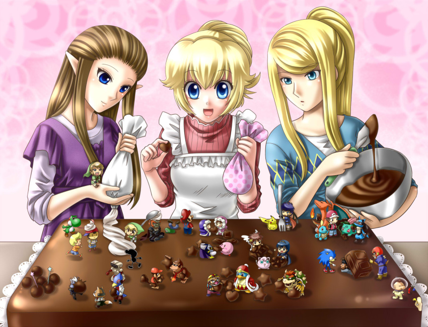 blonde_hair blue_eyes bowser brown_hair cake captain_falcon casual charizard child chocolate diddy_kong donkey_kong donkey_kong_(series) epic f-zero fire_emblem food fox_mccloud ganondorf highres ice_climber ice_climbers icing ike in_food ivysaur jigglypuff kid_icarus king_dedede kirby kirby_(series) link long_hair lucario lucas luigi mario marth meta_knight metal_gear metal_gear_solid metroid miniboy minigirl mother_(game) mother_2 mother_3 mr._game_&amp;_watch ness nintendo olimar pikachu pikmin pikmin_(creature) pink_background pit pit_(kid_icarus) pokemon pokemon_(game) pokemon_frlg pokemon_rgby princess_peach princess_zelda r.o.b red_(pokemon) red_(pokemon)_(remake) samus_aran sleeves_pushed_up sleeves_rolled_up solid_snake sonic sonic_the_hedgehog spoon squirtle star_fox super_mario_bros. super_smash_bros. super_smash_bros_brawl the_legend_of_zelda toon_link twilight_princess valentine wario wolf_o'donnell yoshi yuino_(fancy_party)