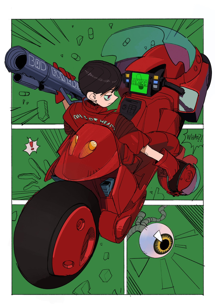 ! 1boy akira_(manga) arm_up bags_under_eyes black_hair boots border closed_mouth copyright_name emphasis_lines english_text eyeball from_above gloves highres holding holding_weapon jacket kaneda_shoutarou_(akira) looking_to_the_side male_focus motor_vehicle motorcycle nineinsweet outstretched_hand pants pill red_eyes red_footwear red_gloves red_jacket red_pants short_hair solo speech_bubble weapon white_border