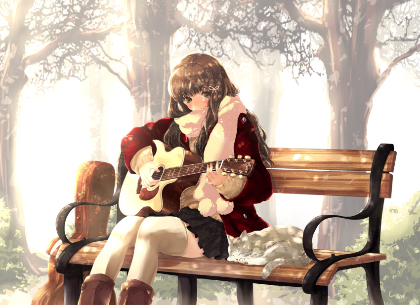 acoustic_guitar ayase_non bench boots brown_eyes brown_hair cat closed_eyes eyes_closed guitar guitar_case hair_ribbon highres instrument instrument_case long_hair original playing_instrument pom_pom_(clothes) ribbon scarf sitting skirt smile solo sunbeam sunlight thigh-highs thighhighs tree white_legwear winter_coat zettai_ryouiki