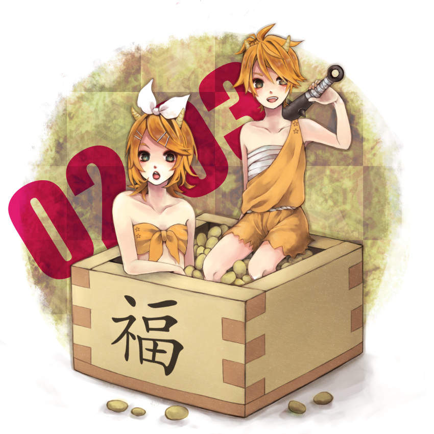 1girl bad_id bandeau bare_shoulders blonde_hair brother_and_sister brown_background collarbone green_eyes hair_ornament hair_ribbon hairclip highres horns in_container kagamine_len kagamine_rin petarou ribbon short_hair shorts siblings smile twins vocaloid