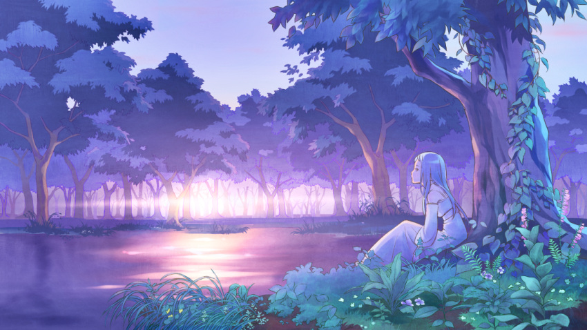 blue_hair detached_sleeves dress flower flower_request forest foxglove grass lake landscape lens_flare long_hair long_image nature original outdoors peso reflection river scenery sitting sky solo sun tree water white_dress wide_image