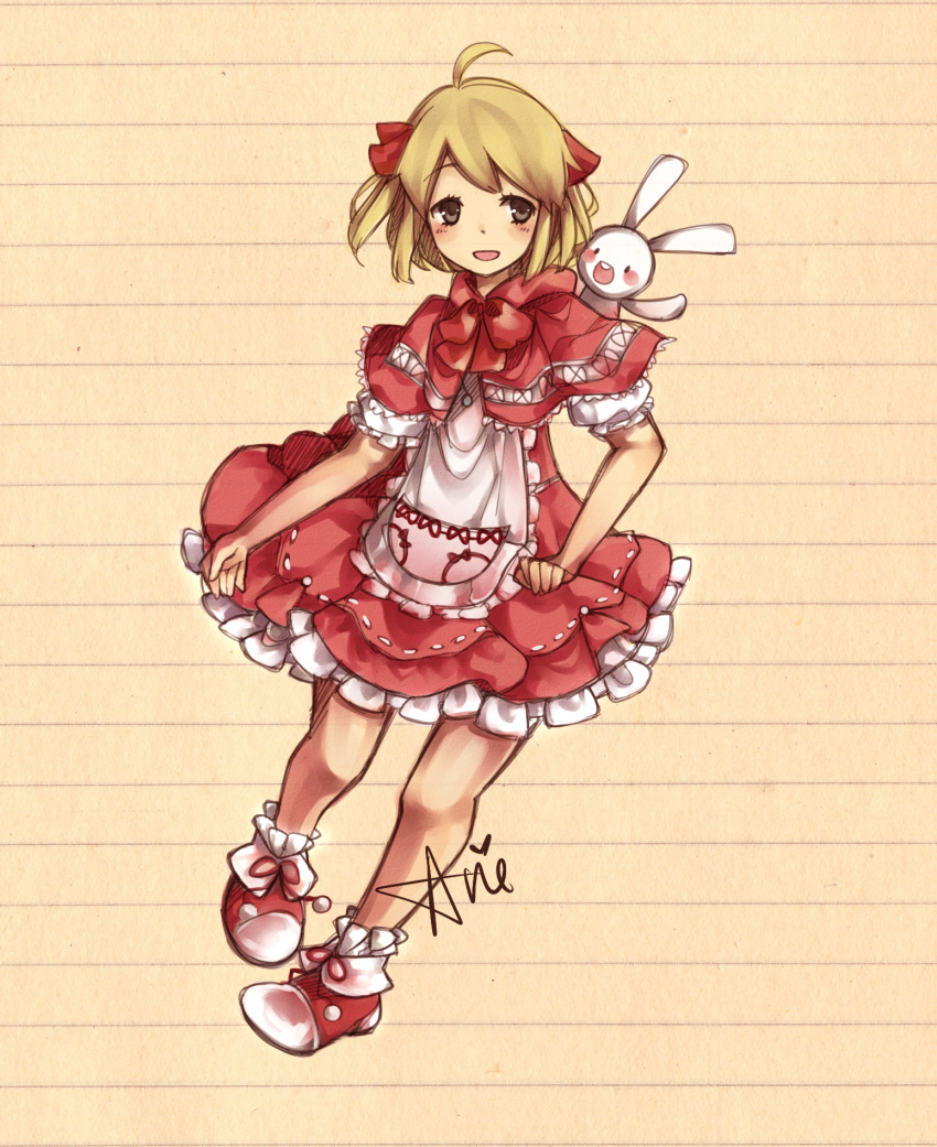 ahoge apron arie_(lovelipop) bad_id blonde_hair bobby_socks bow curtsey dress footwear frilled_apron grey_eyes highres polka red_dress ribbon sepia_background shawl shoes short_hair smile socks solo trusty_bell young