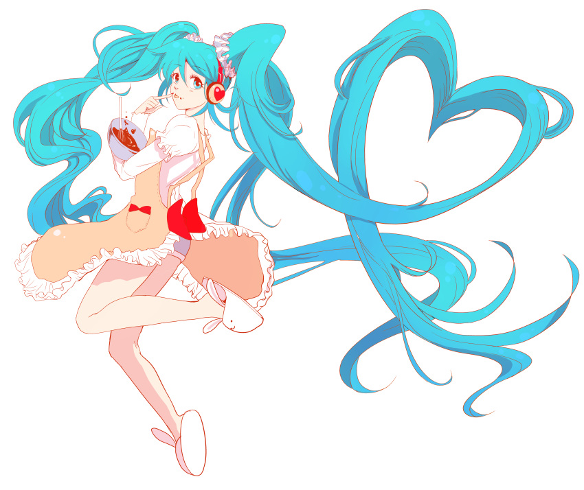 absurdres animal_slippers apron aqua_eyes aqua_hair bowl bunny_slippers dress hatsune_miku headphones heart highres long_hair ogino scrunchie simple_background slippers solo tongue transparent_background twintails very_long_hair vocaloid whisk