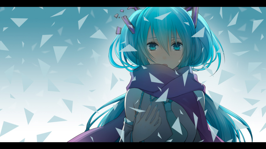 aqua_eyes aqua_hair blush hatsune_miku highres letterboxed long_hair looking_at_viewer necktie open_mouth scarf solo tears twintails very_long_hair vocaloid wogura