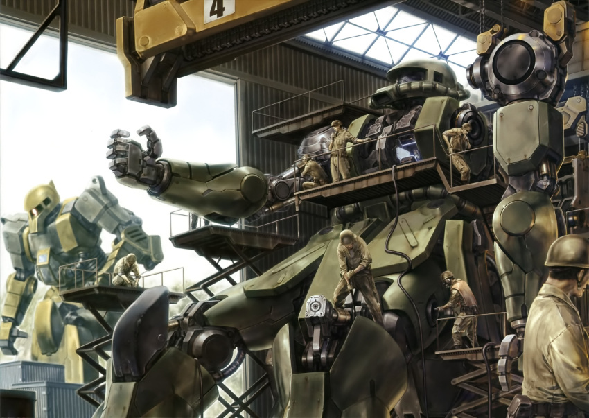 engineer gundam hangar helmet highres mecha mobile_suit_gundam realistic science_fiction tenjin_hidetaka war zaku zaku_i zaku_ii_f/j zeon